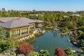 Original Japanese restaurant in Ryotei overlooking the large lake Oike in Japanese garden. Royalty Free Stock Photo