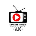 Original vector label with red play button on retro TV screen. Logo for your Youtube channel. Concept of web television