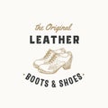 Original Leather Boots Retro Vector Sign, Symbol or Logo Template. Women Shoe Illustration and Vintage Typography Emblem Royalty Free Stock Photo