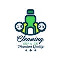 Original linear logo design with green detergent bottle for house cleaning. Premium quality services. Flat vector