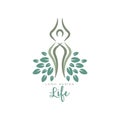 Original logo with abstract human body and green leaves. Health and nature life concept. Flatvector emblem for medical