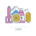 Original logo with accessories for sewing. Big spool, bobbin with threads, patch, scissors and button. Vector for