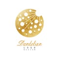 Original logo design of dandelion flower. Symbol of medical herb plant . Golden textured circular icon. Luxury vector