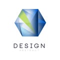 Original logo in form of hexagonal crystal. Geometric icon in gradient blue and green colors. Vector design for company