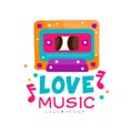 Original logo with bright-colored cassette and notes. Vector design for music store emblem, dance school promo poster or