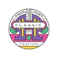 Original logo template for classic music festival. Live concert. Colorful linear sticker. Abstract musical instrument