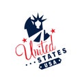 Original logo template with monochrome symbol of USA. Abstract Statue of Liberty and stars. Colored flat vector Royalty Free Stock Photo