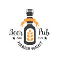 Original logo template for pub. Colorful emblem with bottle of beer, wheat branch and ribbon. Alcoholic beverage. Vector