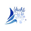 Original logo template for yacht club. Abstract blue waves of sailboat. Sea and ocean theme. Bright watercolor painting