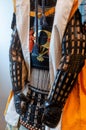 Original medieval japanese samurai armor yoroi in the museum. Hands protection. Details close up