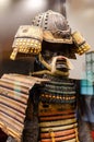 Original medieval japanese samurai armor yoroi in the museum. Samurai helmet