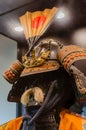 Original medieval japanese samurai armor yoroi in the museum. Samurai helmet. Details close up