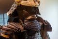 Original medieval japanese samurai armor yoroi in the museum. Samurai helmet. Details close up