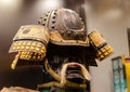 Original medieval japanese samurai armor yoroi in the museum. Samurai helmet