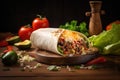 Original Mexican Burritos wraps with beef and vegetables on rustic wooden table. Concept menus and advertisement. Generative AI