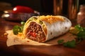 Original Mexican Burritos wraps with beef and vegetables on rustic wooden table. Concept menus and advertisement. Generative AI