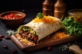 Original Mexican Burritos wraps with beef and vegetables on rustic wooden table. Concept menus and advertisement. Generative AI