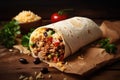 Original Mexican Burritos wraps with beef and vegetables on rustic wooden table. Concept menus and advertisement. Generative AI