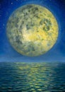 Original moon vertical oil painting of night seascape