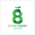 Original number 8 for logotype. Natural product with green tree leaf for logo world ecology. Flat Vector Illustration EPS10