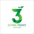 Original number 3 for logotype. Natural product with green tree leaf for logo world ecology. Flat Vector Illustration EPS10