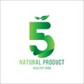 Original number 5 for logotype. Natural product with green tree leaf for logo world ecology. Flat Vector Illustration EPS10