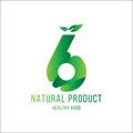 Original number 6 for logotype. Natural product with green tree leaf for logo world ecology. Flat Vector Illustration EPS10