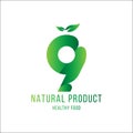 Original number 9 for logotype. Natural product with green tree leaf for logo world ecology. Flat Vector Illustration EPS10