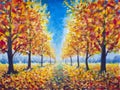 Original Oil Painting Autumn parkway, orange gold yellow dark trees in autumn park, golden autumn walkway, orange autumn nature. R Royalty Free Stock Photo