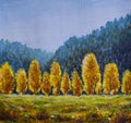 painting beautiful autumn tree on canvas. Autumn harmony. Painting sunny autumn landscape