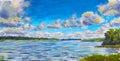 Beautiful purple river, Large clouds against blue sky, green river banks, Russian lake Original Oil Painting on canvas. Colorful Royalty Free Stock Photo