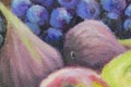 Original oil painting of black grapes and mauve figs on canvas background