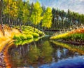 Original oil painting Bright green trees are reflected in sea. Landscape