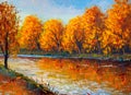 Original oil painting on canvas of autumn landscape with yellow trees and river. Generative AI