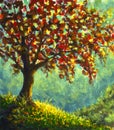 Original oil painting on canvas. Autumn tree on sunny mountain side landscape