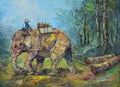 Original oil painting on canvas - Elephants to drag logs