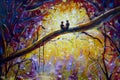 Original Oil Painting on canvas - guy and girl are sitting on branch in forest - Modern impressionism art.