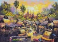 Original oil painting on canvas - waterside life