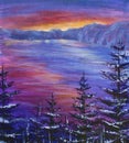 Original Oil Painting Christmas Trees Covered In Snow On A Background Of A Purple Sunrise Over Ocean. Impressionism. Art.
