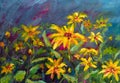 Flowers painting, yellow wild flowers daisies, orange sunflowers on a blue background, oil paintings landscape impressionism artwo Royalty Free Stock Photo