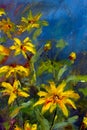 Flowers painting, yellow wild flowers daisies, orange sunflowers on a blue background, oil paintings landscape impressionism artwo Royalty Free Stock Photo