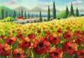 Original oil painting of flowers,beautiful field flowers in Tuscany, Italy on canvas.