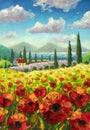 Original oil painting of flowers,beautiful field flowers in Tuscany, Italy on canvas. Royalty Free Stock Photo