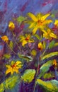 Flowers painting, yellow wild flowers daisies, orange sunflowers on a blue background, oil paintings landscape impressionism artwo Royalty Free Stock Photo