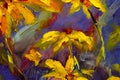 Flowers painting, yellow wild flowers daisies, orange sunflowers on a blue background, oil paintings landscape impressionism artwo