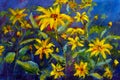 Flowers painting, yellow wild flowers daisies, orange sunflowers on a blue background, oil paintings landscape impressionism artwo