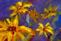 Flowers painting, yellow wild flowers daisies, orange sunflowers on a blue background, oil paintings landscape impressionism artwo Royalty Free Stock Photo