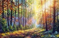 Autumn oil painting. Autumn forest with sunlight. Path in forest through trees with vivid colorful leaves. Royalty Free Stock Photo