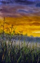 Original oil painting of grass summer field against the background of sky at sunset dawn