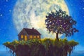 Original oil painting of house tree and moon